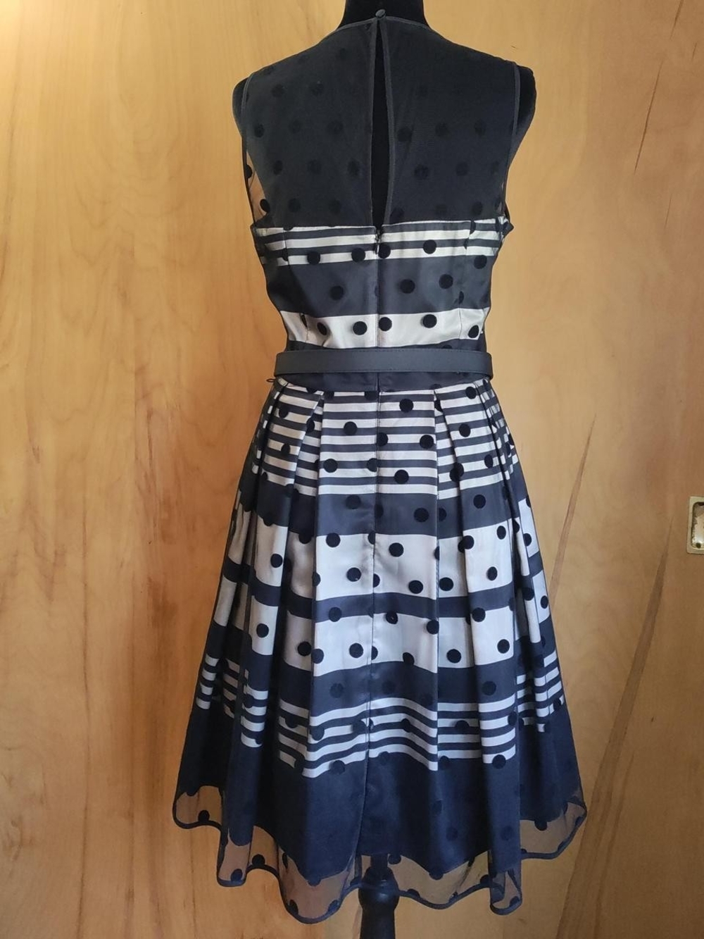 Eliza J Black And Cream Polka Dot & Stripe Fit-and-Flare Midi Dress - Picture 2 of 6